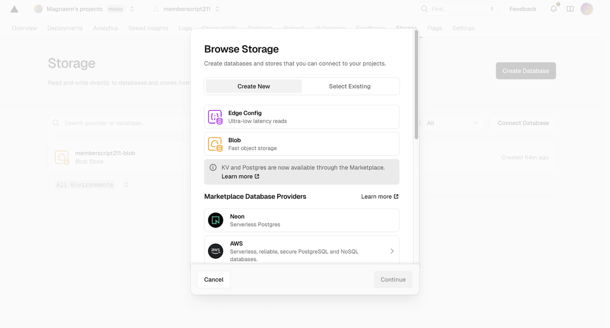 Vercel Storage tab